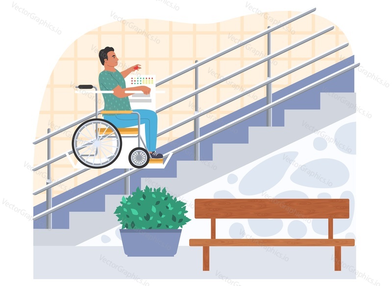 Man in wheelchair ride up stairs vector illustration. Barriers-free environment and social adapting for disabled people flat design