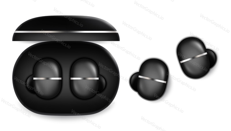 Черные беспроводные наушники с зарядным устройством, реалистичная векторная иллюстрация. Объекты рекреационной техники, аудиооборудование с аккумулятором для зарядки для общения и прослушивания музыки