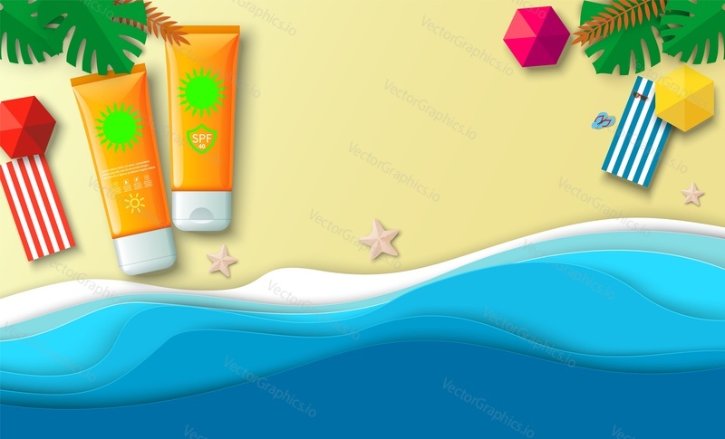 Рекламный вектор солнцезащитного крема и лосьона. Летнее средство для ухода за кожей, лежащее на песке. Приморская 3d-пейзажная иллюстрация с пальмовыми листьями, шезлонгом и пляжным зонтиком с видом сверху