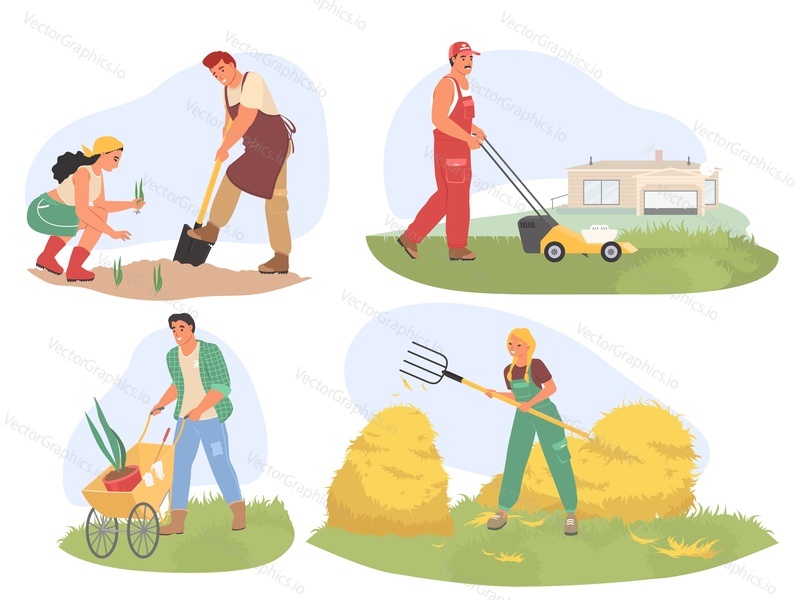 Farm life scenes set. Grass mowing, hay harvesting, planting seedlings isolated vector. People farmer working on farm illustration. Agriculture worker character over rural landscape