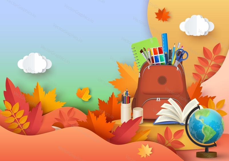 Осенний фон. Назад в школу, концепция образования. Осенние листья и облако на небе вырезаны из бумаги векторной иллюстрацией со слоистым эффектом. Поздравительная открытка в стиле крафт с учебным пособием