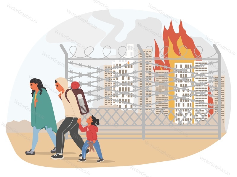 Refugees people run away from city bombing vector. Sad mother, father and daughter fleeing burning house. Stop war concept