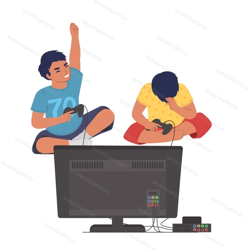 Векторная иллюстрация игрока в видеоигры двух мальчиков. Победитель и проигравший геймер перед телевизионным экраном, изолированные на белом фоне. Счастливые и грустные дети
