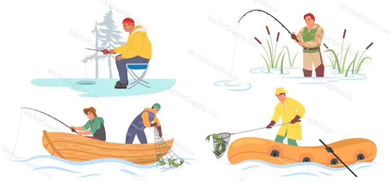 Рыбак, сидящий в лодке, на берегу реки, в воде или возле проруби векторная иллюстрация. Изолированный набор для сезонной рыбалки с мультяшными персонажами. Концепция мужского хобби