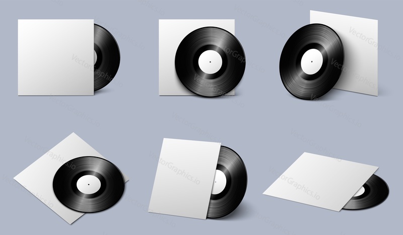 Виниловая пластинка с пустой белой обложкой, изолированный векторный набор. Музыкальный граммофон LP диск с бумажной обложкой макет 3d дизайна вид под другим углом