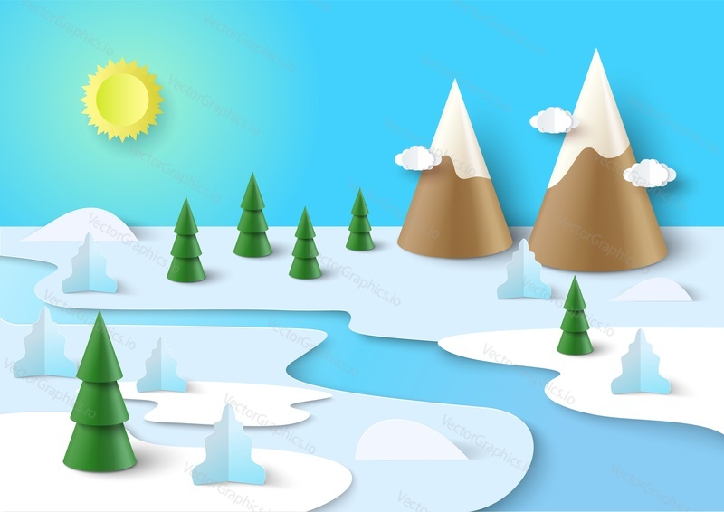 Papercut winter river vector. Mountain 3d landscape illustration. Origami field environment with snowy land and rock peak. Christmas and new year concept