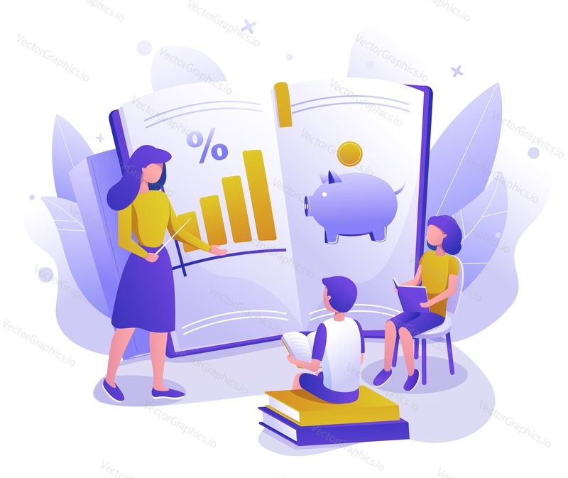 Investment education for kids vector illustration. Children learning to save money, finance economic strategy. Teacher coach financial advisor teaching boy and girl
