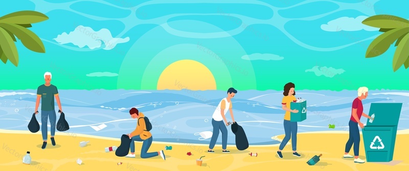 People volunteers clean beach from waste vector illustration. Team of adults and teenager pickup rubbish into bags and trash can together. Environment protection, ecology and save nature concept