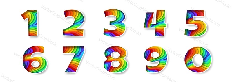 Paper cut digits set vector. Isolated numbers in origami style on white background. Festive color 0 1 2 3 4 5 6 7 8 9 figures for birthday or wedding anniversary