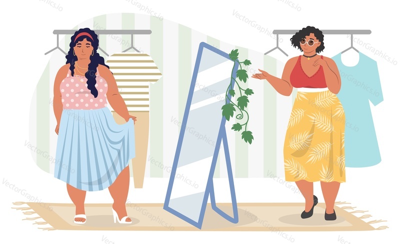 Fat woman shopping at store cartoon vector. Body positive and fashion for overweight female concept. Customer and seller at store boutique