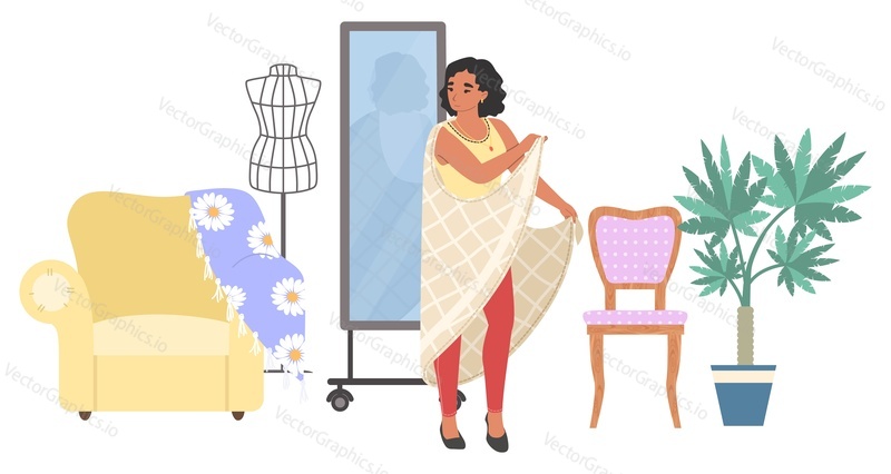 Girl tying on new clothes front of mirror vector illustration. Young woman flat cartoon character. Lady choose fashion cloth, girl shopper in new look. Fashion studio atelier room interior
