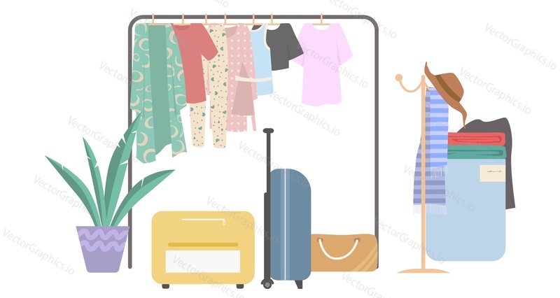 Clothes hanging on rack with accessories vector. Clean and used clothing apparels, belongings folded into luggage suitcase. Showroom garage or second hand market illustration