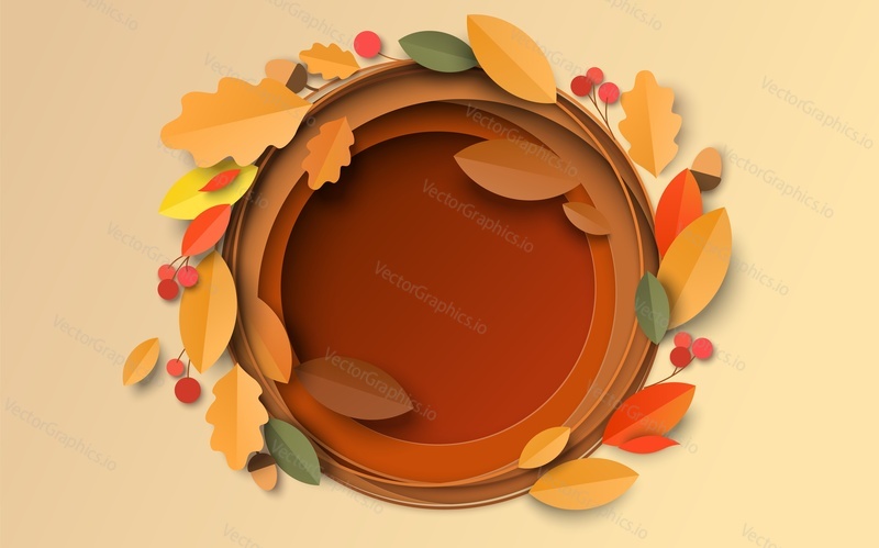 Осенний фон с вырезанными из бумаги кленовыми, дубовыми листьями и ягодным вектором. Многослойный эффект, художественная резьба. Дизайн иллюстрации для бизнес-презентации, плаката, флаера, печати