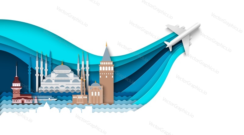 Turkey travel vector. Istanbul city famous landmark skyline background in paper cut art style. Popular mosque architecture sightseeing illustration. Oriental showplace