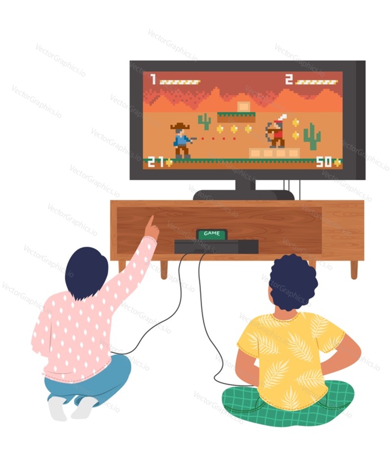 Дети играют в приставку для видеоигр на векторной иллюстрации телевизора. Компьютерный зал для геймера. Два молодых парня-игрока смотрят на экран телевизора и развлекаются игрой дома