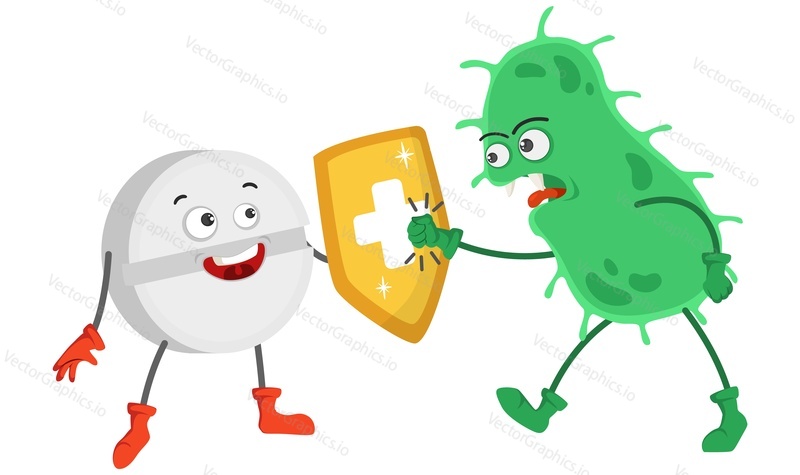 Superhero pill with shield stop funny angry virus or bacteria vector illustration. Antimicrobial therapy and antiviral treatment concept