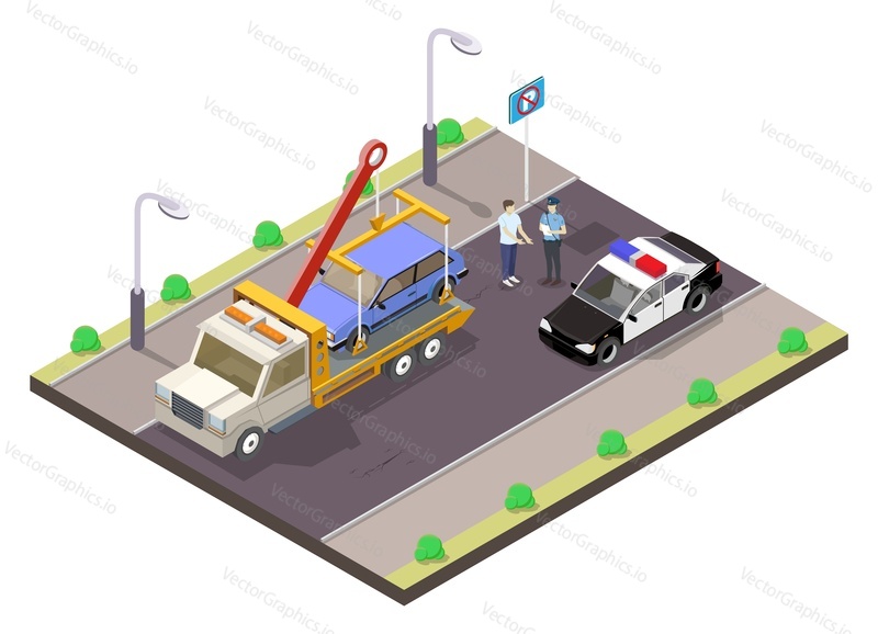 Illegal parking isometric scene. Traffic policeman writing a parking ticket to car in no parking area and tow away no parking sign vector illustration