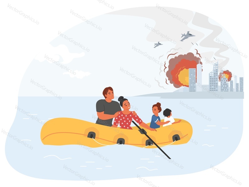 Refugees vector. Family running in boat from war conflict torn country. Humanitarian catastrophe, emigrants with children leaving city. Antiwar concept