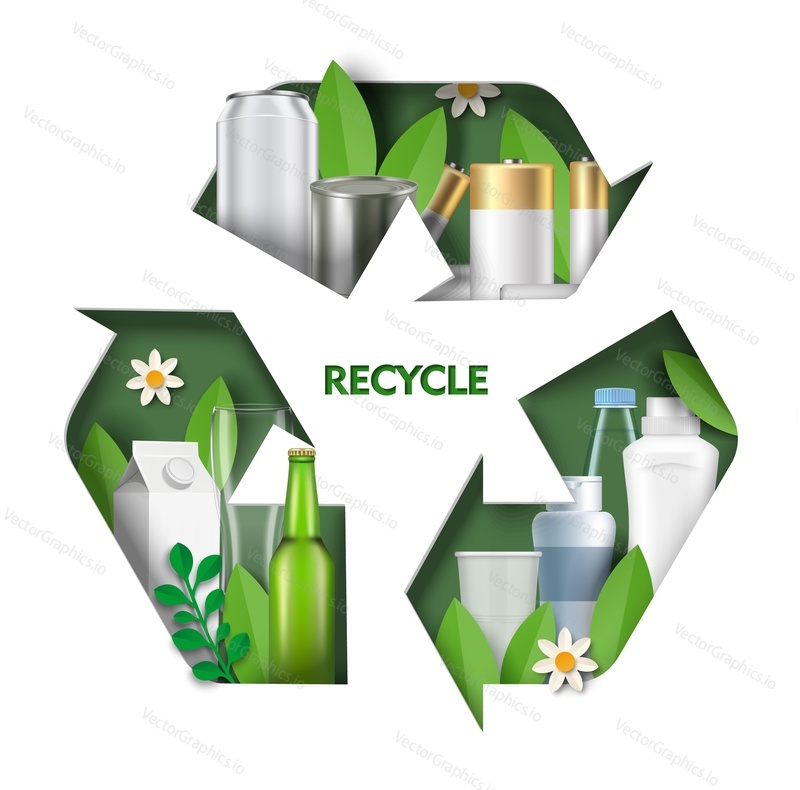 Векторный значок переработки отходов. Иллюстрация повторного использования мусора. Защита окружающей среды и экологический контроль, а также избавление от загрязнения органическим, пластиковым, стеклянным и электрическим мусором. Управление отходами