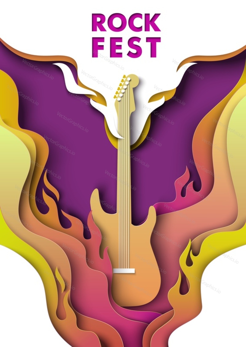 Rock fest vector poster with guitar on fire design. Music concert, festival or rocker show entertainment flyer. Paper cut layer style