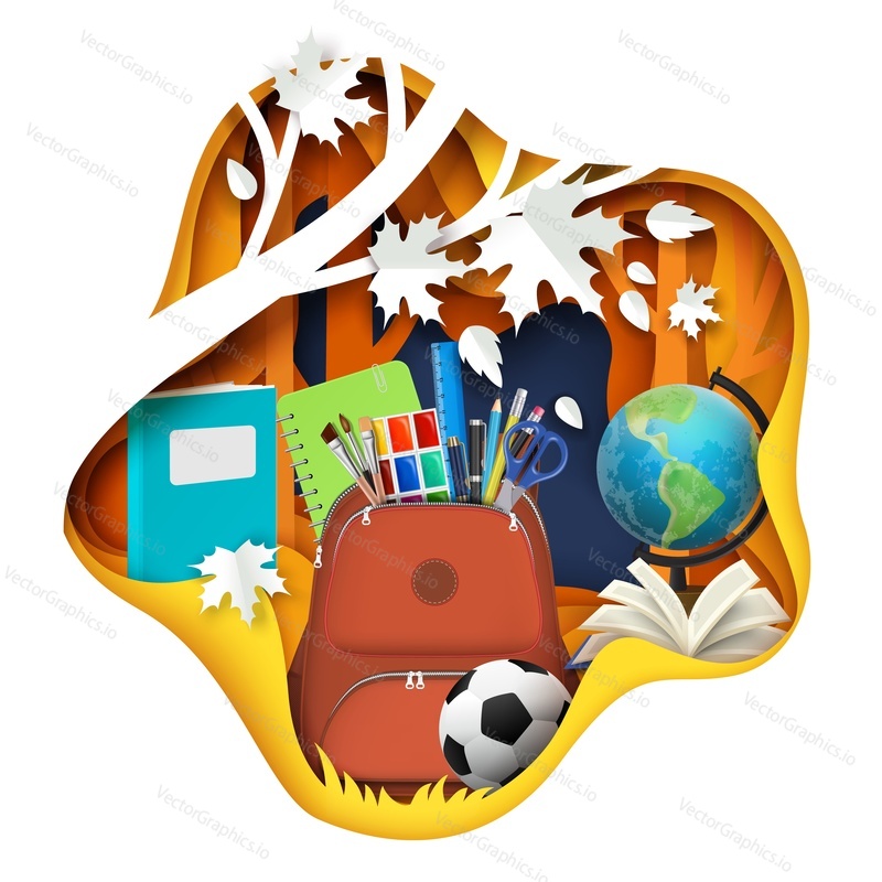 Back to school papercut vector. Autumn maple tree forest background with education accessories. First september knowledge day concept