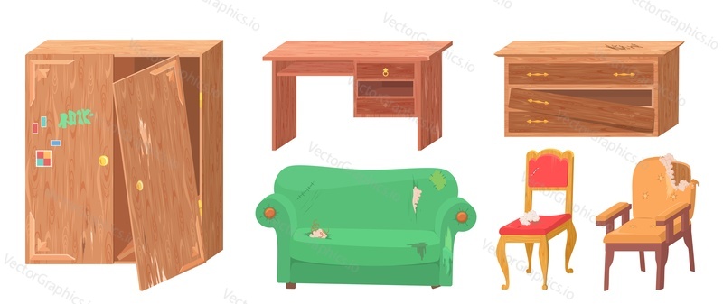 Старая мебель, сломанный набор векторных предметов в комнате. Диван, стул и кресало с порванной поверхностью, поврежденный стол, комод и шкаф-купе нуждаются в ремонте. Иллюстрация