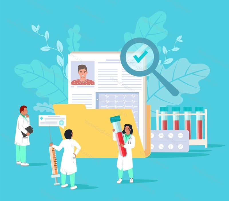 Doctor team treating patient online vector illustration. Professional therapist tiny person making blood analysis, diagnosis and treatment, discussing illness progress