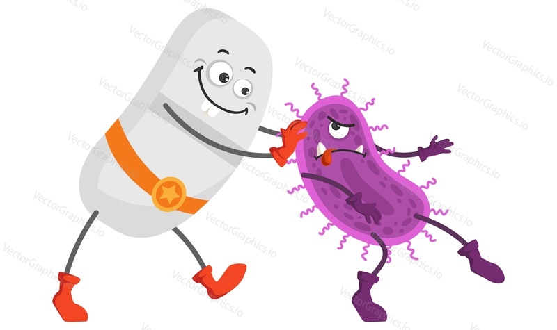 Мультяшная милая таблеточная капсула в костюме супергероя побеждает бактерии, микроб или вирус векторной иллюстрацией. Концепция преодоления вспышки коронавируса, гриппа или опасной инфекции