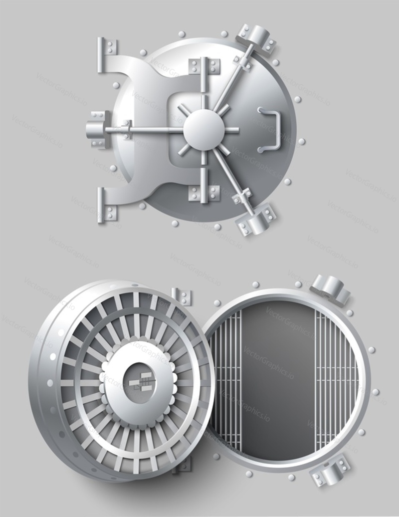 Safe box bank lock realistic vector design. Metal wheel door with safety password locker combination. Deposit strongbox. Banking and finance concept. Privacy security and money storage
