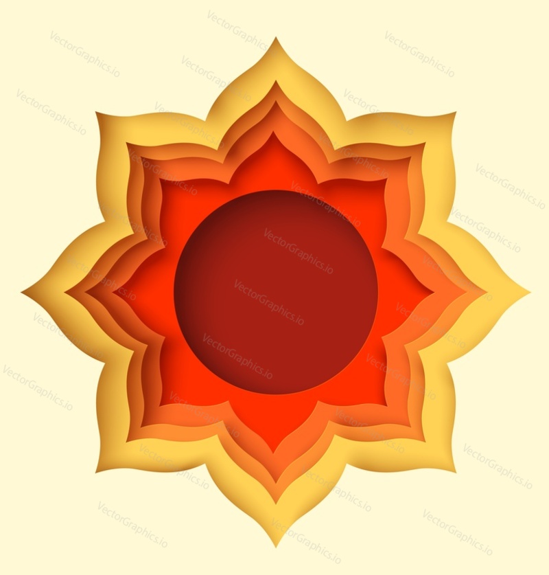 Paper cut frame vector. Orange second swadhisthana chakra art craft design origami style. Yoga meditation logo template with lotus flower symbol