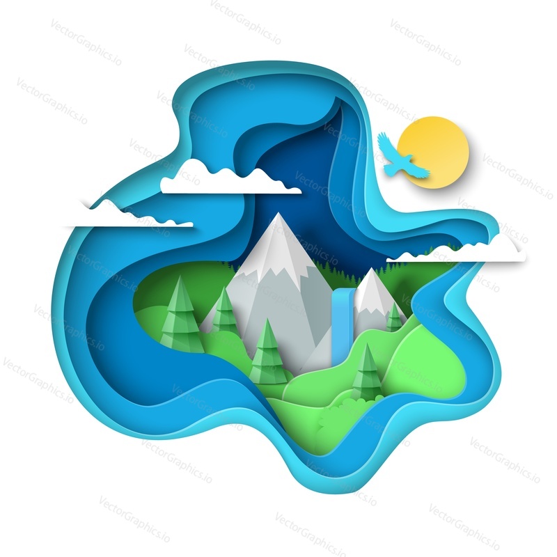 Mountains papercut background 3d nature vector. Art style forest landscape illustration in craft style. Layered origami spring or summer design with grass, sun and cloud. Travel, tourism and adventure
