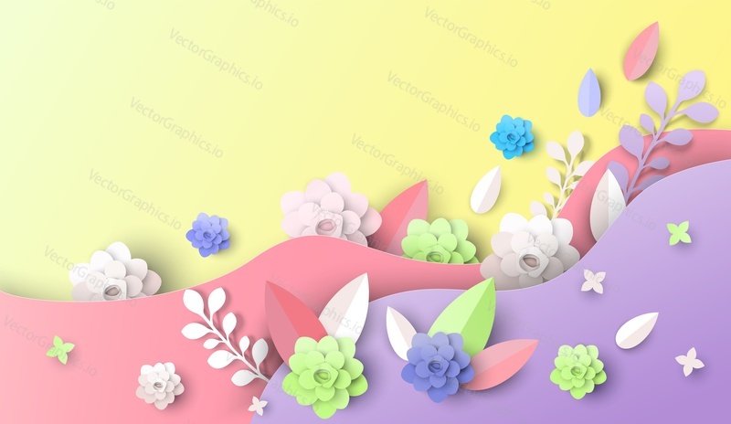 Summer or spring papercut flower background. Fresh nature, blossom but and leaves craft art vector illustration. Floral banner, poster, flyer or card template with copy space