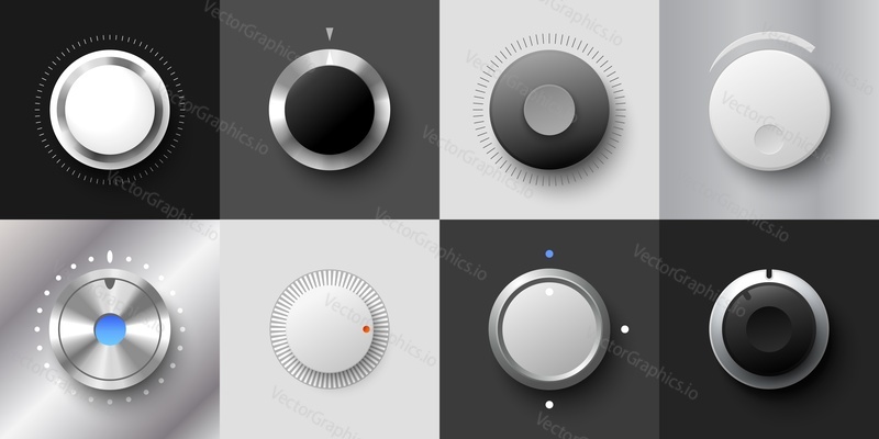Metal and plastic volume dial realistic vector. Black and white rotating button. Stereo sound round tuner. Dashboard tumbler with control scale. Panel audio switch set illustration