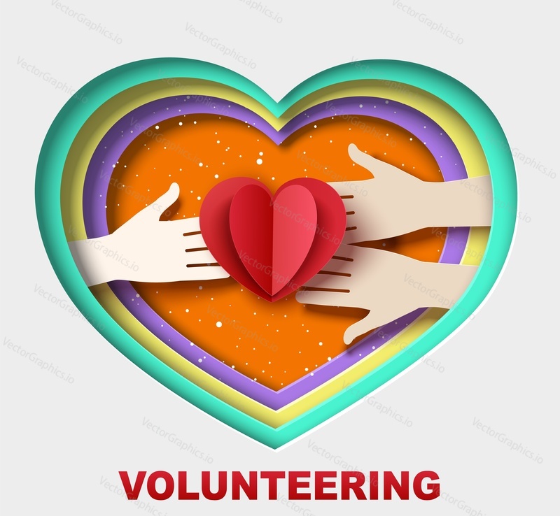 Volunteering vector. Heart with hand paper cut art 3d design. Charity and donation symbol. Voluntary foundation logo