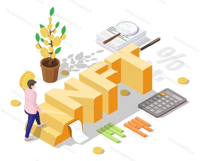 NFT trading vector illustration. Man making investment in non-interchangeable unit. Digital ledger blockchain, financial trade and NFTs generative art concept