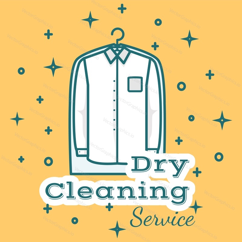 Public dry cleaning self service vector banner flat linear minimal design. Professional laundromat facility poster with clean neat male shirt illustration