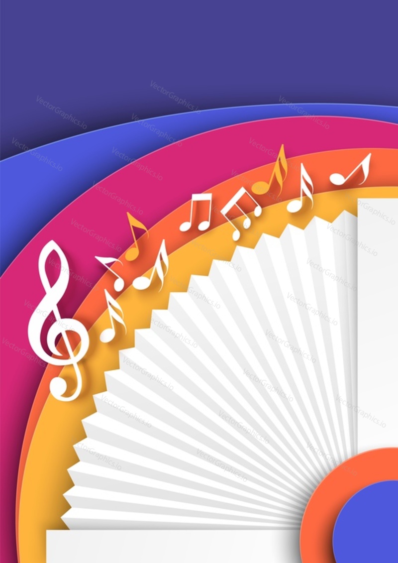 Music abstract background with clef and notes. Paper cut vector design for brochure and leaflet flyer, poster and web banner. Education, masterclass entertainment, festival or concert concept