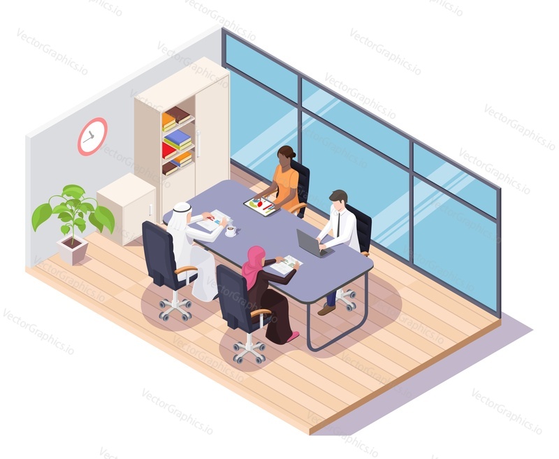 International business team work in office vector illustration. Businesspeople group meeting, corporate training conference and teamwork. Multicultural entrepreneur community