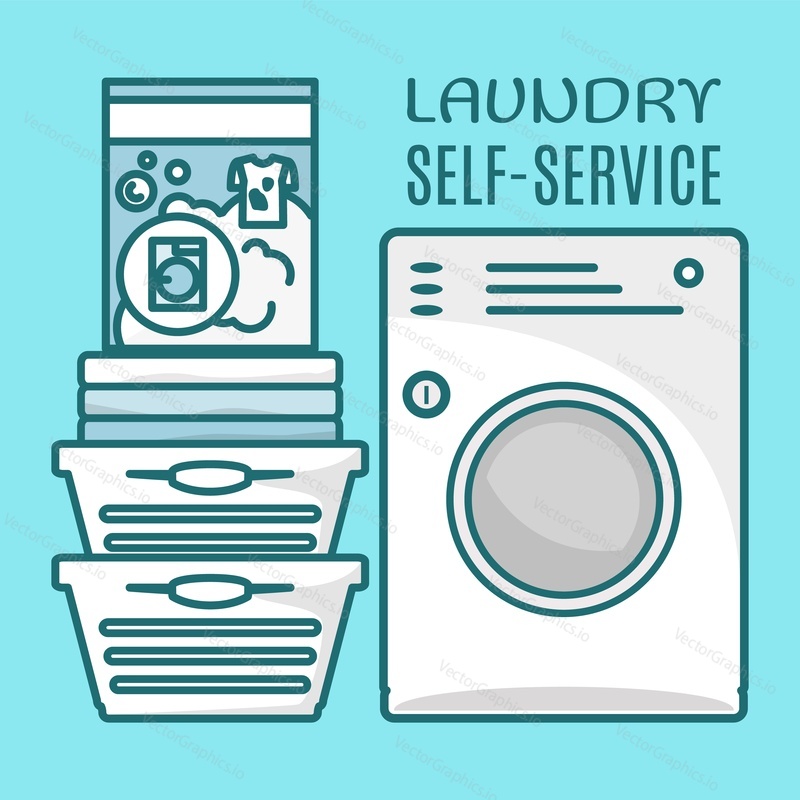 Laundry self service flat vector banner template. Linear poster with washing powder, automatic washing machine, folded neat clean linen stack illustration