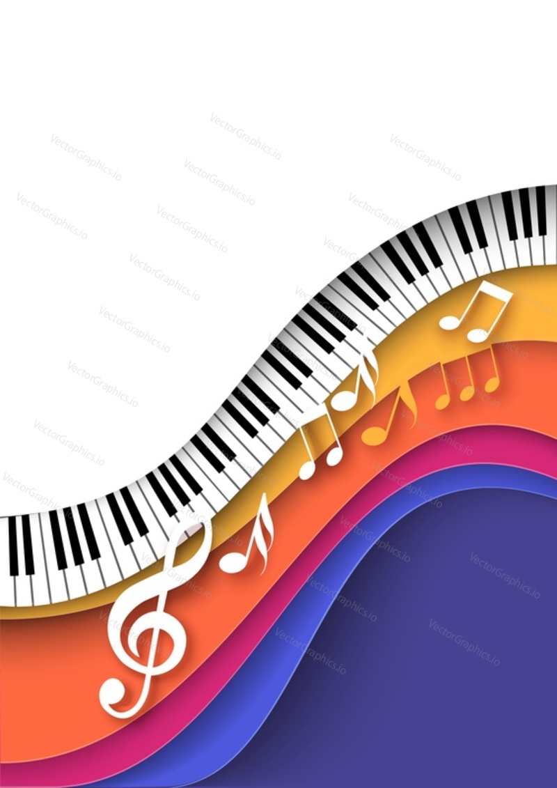 Клавиатура пианино и абстрактный фон с нотной музыкой. Дизайн векторной вырезки из бумаги для приглашения на концерт или рекламы выступления на классическом музыкальном фестивале