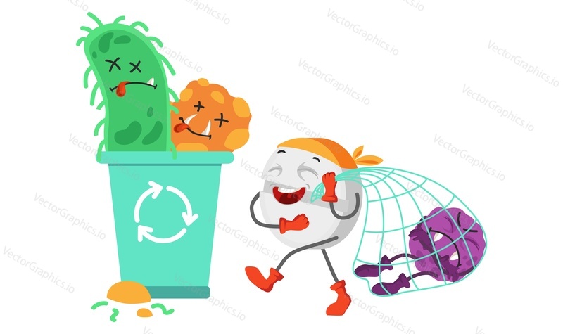 Cute superhero pill gathering bacteria into trash can vector illustration. Funny tablet mascot in mask fighting corona virus or overcoming disease isolated on white background. Medicine and pharmacy