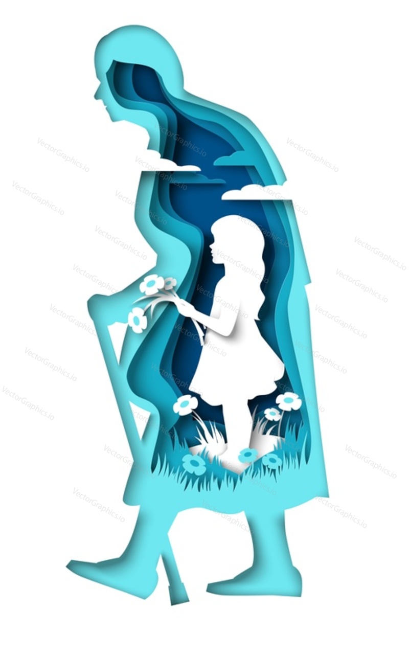 Inner world vector illustration. Elderly old female silhouette with happy little girl inside body. Self care, psychology, internal support and depression therapy concept
