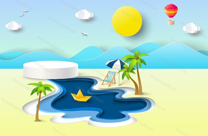 Podium on tropical summer papercut vector background. Circle stage on seaside or river beach craft origami art mockup template. Advertising poster or banner design