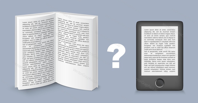Paper and electronic book to choose vector illustration. Choosing between traditional textbook versus e-reader digital tablet for education and learning. Mobile library and classic knowledge cognition