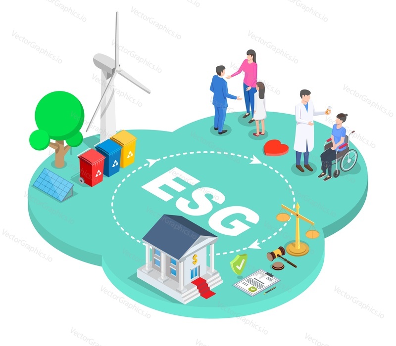 ESG management. Environmental, social and governance concept. Modern sustainable development, life, finance and health insurance, alternative enegry. Isometric 3d vector illustration