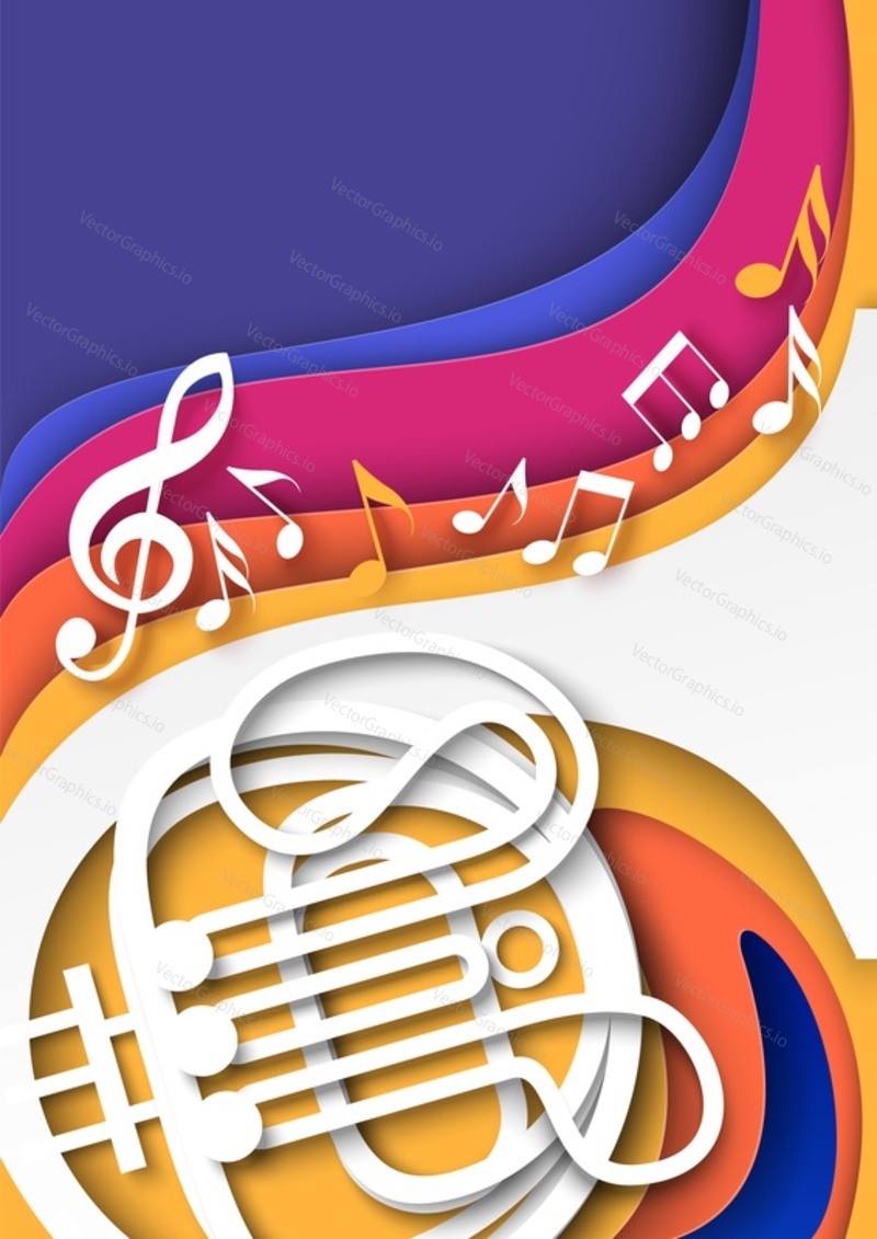 Music abstract vector background. Classic musical instrument with melody notes design in paper cut style. Classical musical performance or orchestra concert theme