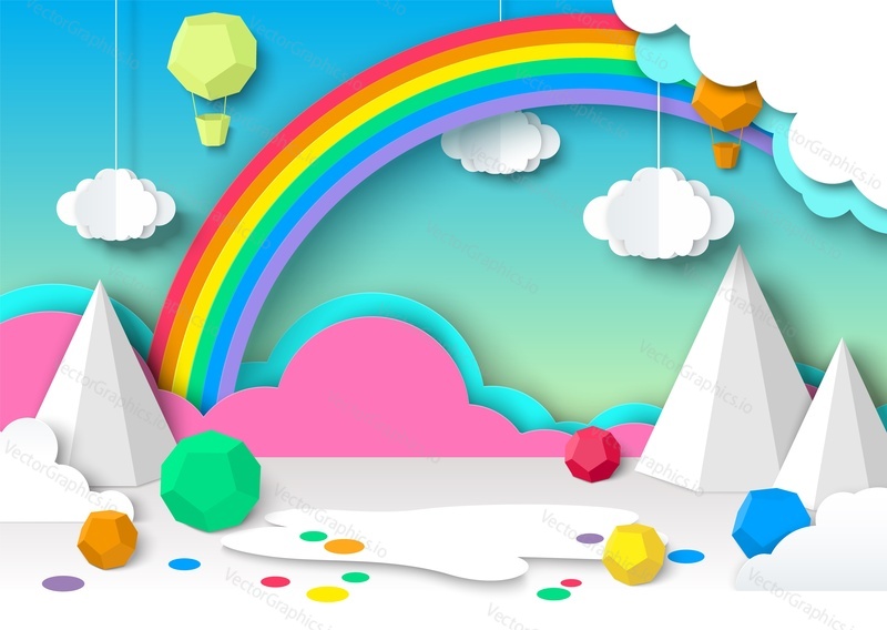 Kids paper cut background with cloud and rainbow. 3d origami art landscape. Cute abstract creative poster with decoration. Craft decorative greeting card with airship and fantasy world design
