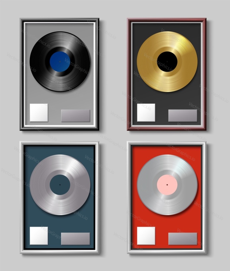 Vinyl plate reward vector. Platinum, golden, silver and bronze isolated set. Award achievement for artist musician realistic design. Frame with glossy music gramophone LP record disk