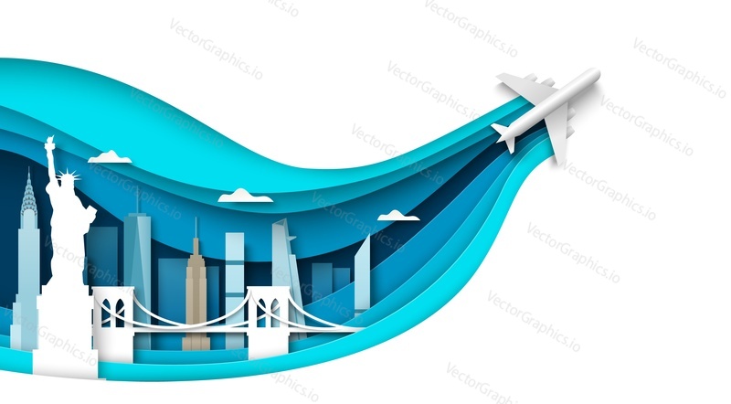 Векторная иллюстрация путешествия по США. Фон знаменитой достопримечательности американского города в стиле вырезанного из бумаги искусства. Небоскреб оригами, статуя свободы, Манхэттенский мост - популярное место назначения