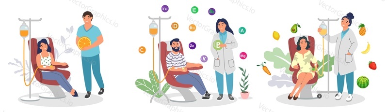 People and doctor scene. Patient receive vitamin iv drip in clinic hospital vector set. Preventive therapy, medicine and intravenous administration of nutrients concept